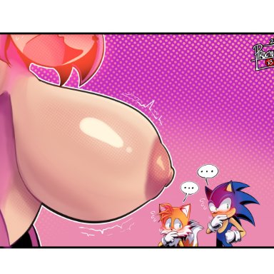 sega, sonic (series), sonic the hedgehog (series), amy rose, miles tails prower, mobian (species), sonic the hedgehog, tails the fox, procyon't, 1girls, big breasts, breast expansion, breasts, breasts out, female