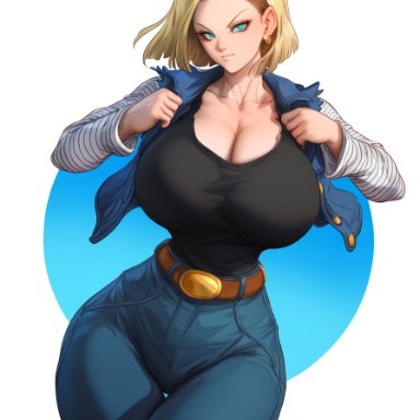 dragon ball, dragon ball z, android 18, black shirt, blonde hair, blue jeans, cleavage, clothed breasts, clothed female, hourglass figure, huge breasts, looking at viewer, massive breasts, opening jacket, short hair