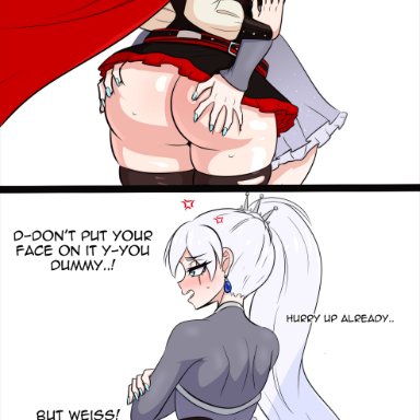 rwby, ruby rose, weiss schnee, kinathefox, 2girls, anger vein, ass, black hair, blue eyes, blush, breasts, cape, crossed arms, drooling, earrings