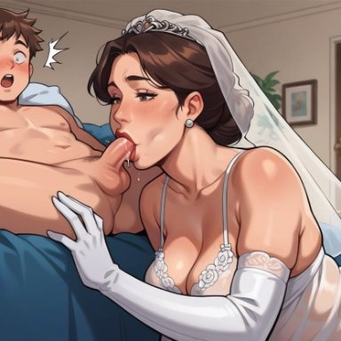 blowjob, bride, clothed female nude male, elbow gloves, fellatio, gloves, incest, mother and son, oral, wedding dress, wedding veil, ai generated, civitai, self upload