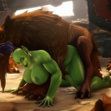 warcraft, world of warcraft, orc (warcraft), noname55, 1orc, blue eyes, bouncing breasts, breasts, brown fur, canine penis, cum, cum on floor, doggy style, ear piercing, earrings