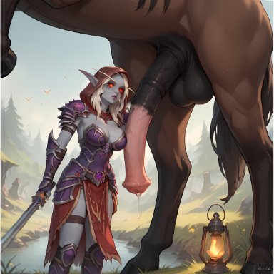 world of warcraft, sylvanas windrunner, vlanim, 1boy, 1girls, armor, breasts, daytime, equine, equine penis, extreme size difference, female, female on feral, feral, forest