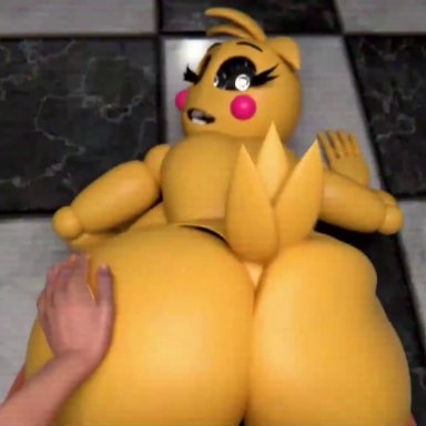 five nights at freddy's, fnaf, chica (fnaf), toy chica (fnaf), toy chica (love taste), oatmealpecheneg, 1boy, 1boy1girl, 1girls, big ass, big breasts, big butt, from behind, furry, looking at viewer