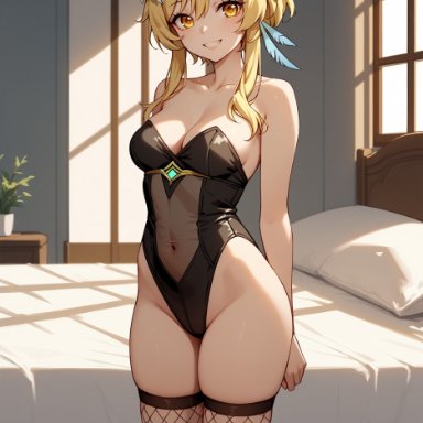 genshin impact, lumine (genshin impact), pikkiwynn, arms behind back, bangs, bare arms, bare shoulders, bed, black leotard, blonde hair, blush, breasts, cleavage, collarbone, covered navel