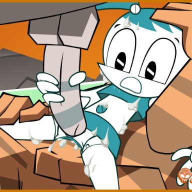 my life as a teenage robot, crater critter, jenny wakeman, xj-9, zone, 4 fingers, anal, black eyes, blue hair, blue lips, crop top, cum, cum in hair, cum in pussy, cum inside