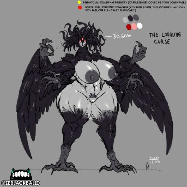eldritch, eldritch abomination, original character, the curse (zeblackballd), ze blackball.d, zeblackballd (artist), 3 eyes, 4 arms, avian, bird feet, black feathers, black wings, creepy smile, crow, eldritch horror