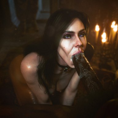 cd projekt red, the witcher (series), the witcher 3: wild hunt, yennefer, ceeeeekc, 1boy, 1girls, assisted fellatio, big penis, black hair, blowjob, blowjob face, breasts, bush, closed eyes