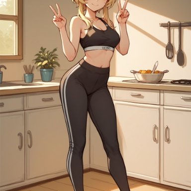genshin impact, lumine (genshin impact), pikkiwynn, alternate costume, bangs, bare arms, bare shoulders, black pants, black sports bra, blonde hair, bowl, breasts, cleavage, closed mouth, contemporary