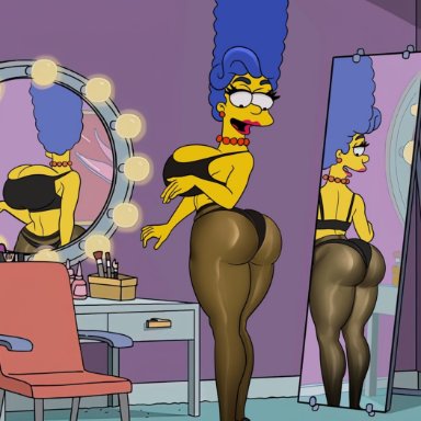 the simpsons, marge simpson, rocner, big breasts, big butt, blue hair, high heels, lingerie, mature female, milf, mirror, reflection, standing, voluptuous female, wide hips