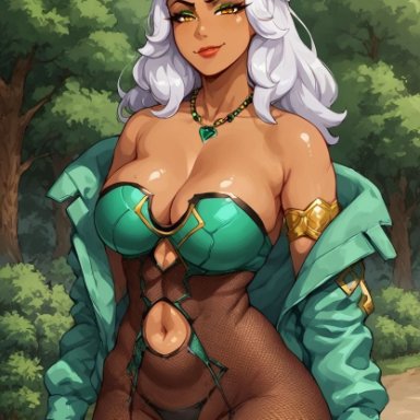 league of legends, qiyana yunalai, bare, big breasts, cleavage, curvy, eyelashes, female, fishnets, jacket open, jewelry, kayn , large breasts, large thighs, looking at viewer
