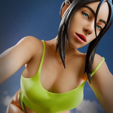 fortnite, billie eilish, billie eilish (fortnite), francis brown, 1girls, bikini, black hair, celebrity, female only, large breasts, two piece swimsuit, 3d, blender, source, watermark