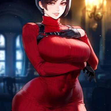 resident evil, resident evil 4, ada wong, creamy ai, black hair, brown eyes, curvy, large breasts, red sweater, sweater, sweater dress, thick thighs, thigh boots, wide hips, ai generated