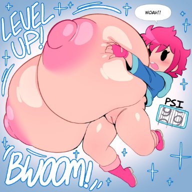 mother (series), mother 3, kumatora, angstrom, blue background, blue jacket, blush, bottomless, breast expansion, breasts bigger than head, exposed pussy, eyebrows visible through hair, gigantic breasts, huge breasts, hyper breasts