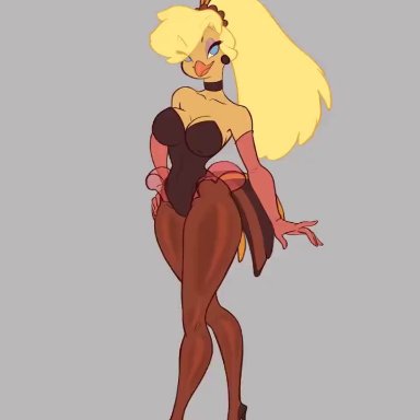 don bluth, rock-a-doodle, goldie pheasant, merkury, 1girls, anthro, areolae, avian, bird, blonde hair, blue eyes, breasts, breasts out, choker, female
