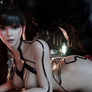 stellar blade, eve (stellar blade), bonkge, 1girls, black hair, breasts, clothed female nude male, clothed sex, interspecies, long hair, lying on stomach, open mouth, sex, werewolf, 3d