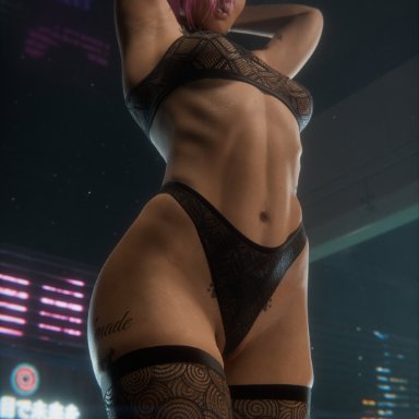 cyberpunk 2077, judy alvarez, checkpik, 1girls, areolae, areolae visible through clothing, arm tattoo, armpit, armpit pose, armpits, arms up, bare armpits, bare arms, bare belly, big ass