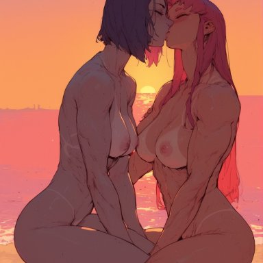 dc comics, raven (dc), starfire, santarvengar, 2girls, female, female only, kissing, multiple girls, muscular, naked, yuri, ai generated, stable diffusion, tagme