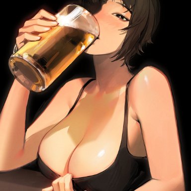 chainsaw man, himeno (chainsaw man), limart, 1girls, beer, big breasts, blush, breast press, breast squish, cleavage, drunk, eyepatch, female, female only, huge breasts