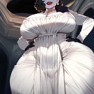 capcom, resident evil, resident evil 8: village, alcina dimitrescu, floox, thiccwithaq (ai style), 1girls, black hair, breasts, female, grey skin, hips, huge breasts, lipstick, massive breasts